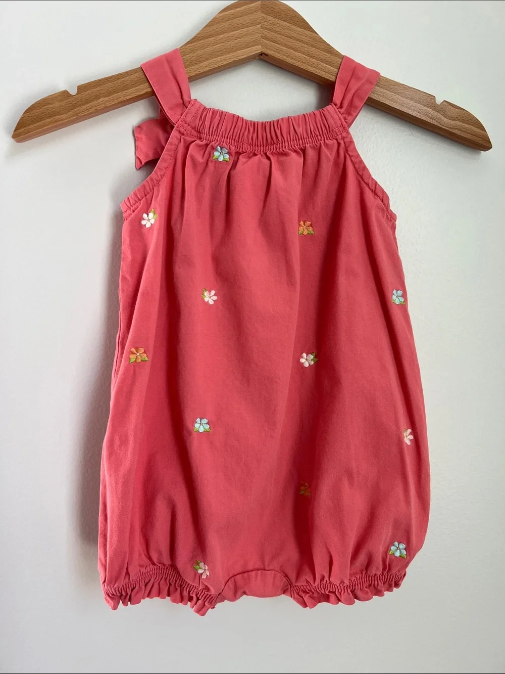 Gymboree | 100% Cotton Coral Baby Bubble Romper Bow Floral Embroidery Size 0-3M